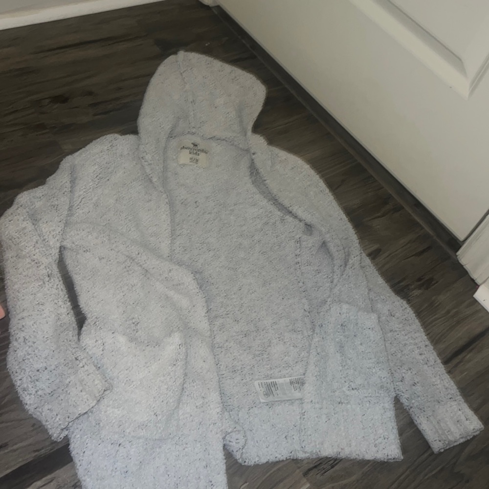 mostly gray/ white fluffy cardigan with hoodie and pockets